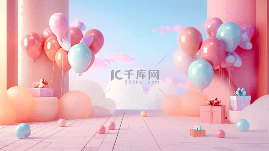 梦幻可爱粉色背景图片_六一儿童节促销场景粉彩气球礼物盒设计