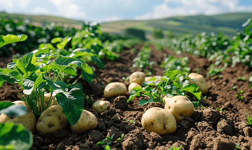 土豆拟人摄影照片_种植和成熟土豆的田地