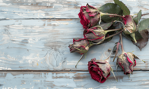 颓废摄影照片_淡木背景中枯萎的红玫瑰花