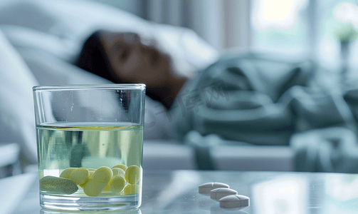 背景中的桌子上放着药片和一杯水一位病人躺在床上