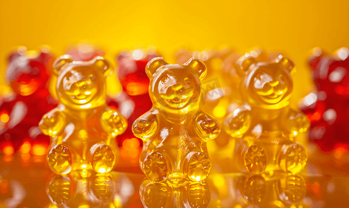 的小熊摄影照片_黄色背景中的小熊软糖果冻糖果特写