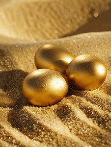 对称背景摄影照片_金沙上的三个金蛋