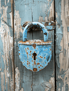 木门上蓝色旧生锈的未锁挂锁