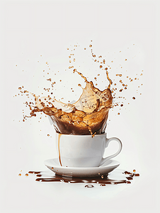 简单小标题背景框摄影照片_白色背景上的一杯溅咖啡