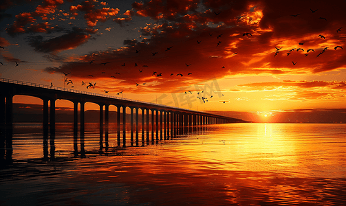 港口剪影摄影照片_桥和海的日落