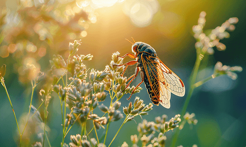 昆虫动图摄影照片_一只蝉坐在草地上的一根茎上