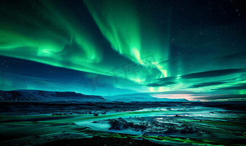 绿色化工摄影照片_冰岛上空的北极光