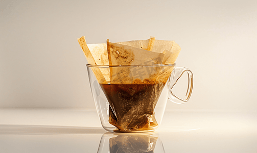 将滴滤咖啡装入袋中滴入透明咖啡杯中