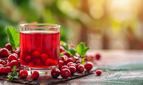 餐厅里色彩鲜艳的新鲜红蔓越莓汁特写