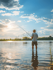 钓鱼竿摄影照片_年轻人在湖上用竿钓鱼旅行生活方式概念暑假