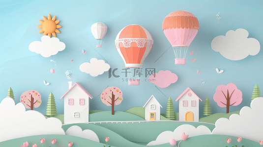 梦幻六一背景图片_六一粉色梦幻花朵热气球小屋电商展台设计