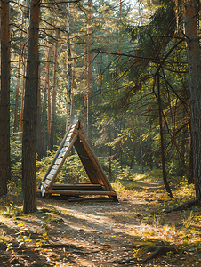 松树林中配备所有便利设施的木制露营凉亭