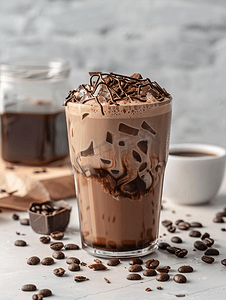 液体巧克力摄影照片_冰咖啡加牛奶巧克力糖浆和冰