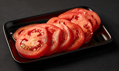 红黑色背景摄影照片_黑色盘子上的切片红番茄被孤立在黑色背景剪切路径上