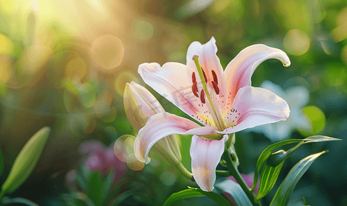 童话的背景摄影照片_花园中的仙女百合花