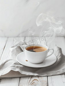 白色逼真的咖啡杯白色木桌上烟雾缭绕有复印空间