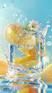 夏日清新可爱冰块里的柠檬花朵背景图片