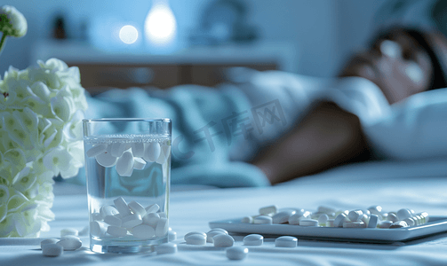 背景中的桌子上放着药片和一杯水一位病人躺在床上