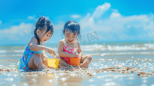 贝壳沙滩摄影照片_海边玩沙子捡贝壳的儿童4