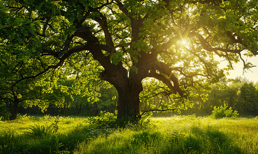 夏季叶子摄影照片_阳光明媚的夏日绿色森林中的橡树