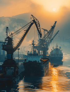 货运码头摄影照片_造船厂的工作起重机桥和港口的货船