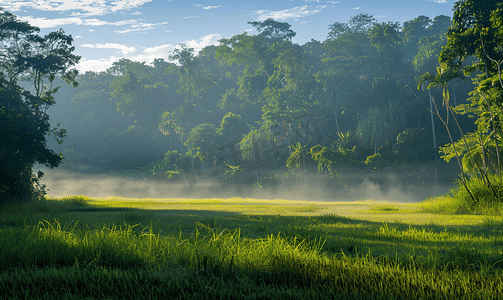 森林中的晨雾热带森林中美丽的风景画草地