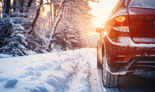 雪冬道路上汽车的后视