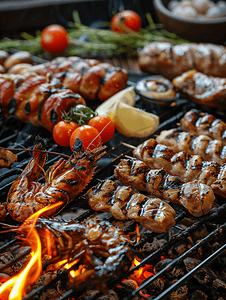 后院草坪摄影照片_晚餐烧烤包括烤海鲜和猪肉