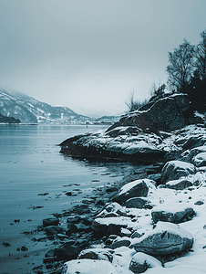 挪威海岸冬季有雪天气阴天