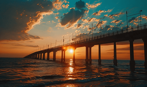 港口剪影摄影照片_桥和海的日落