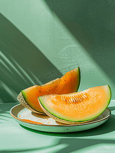 橙色清爽背景摄影照片_盘子里放着一片熟瓜和半个瓜