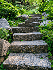公园里的一条石路和一座带台阶的花岗岩楼梯花园里的石阶