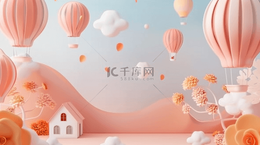 六一粉色梦幻花朵热气球小木屋电商展台图片