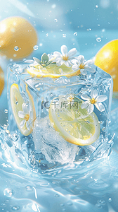 柠檬的夏天背景图片_夏日清新可爱冰块里的柠檬花朵设计图