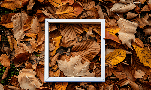 公告栏框架摄影照片_地上干枯的秋叶和白色的框架
