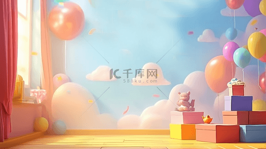 梦幻可爱粉色背景图片_六一儿童节促销场景彩色气球礼物盒图片