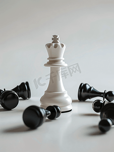 象棋游戏摄影照片_胜利的概念白色的棋子站着黑色的棋子散落在周围