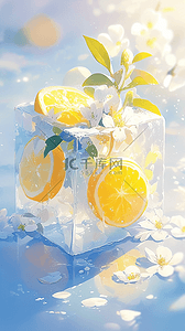 清夏日背景图片_夏日清新可爱冰块里的柠檬花朵背景