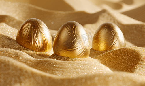 金丹和鸡蛋摄影照片_金沙上的三个金蛋在组织波中