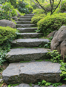 公园里的一条石路和一座带台阶的花岗岩楼梯花园里的石阶