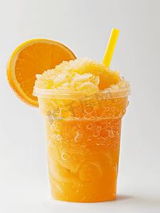塑料杯白色背景中橙色的泥冰