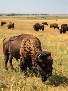 南达科他州平原草地上的野牛放牧