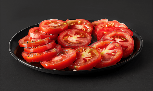 黑色盘子上的切片红番茄被孤立在黑色背景剪切路径上