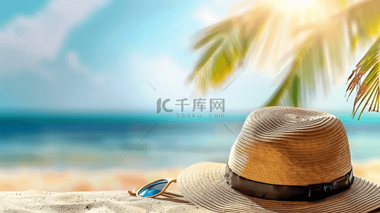 夏日海滩风景沙滩上的遮阳帽背景