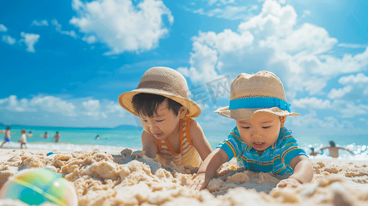 海边玩沙子捡贝壳的儿童6