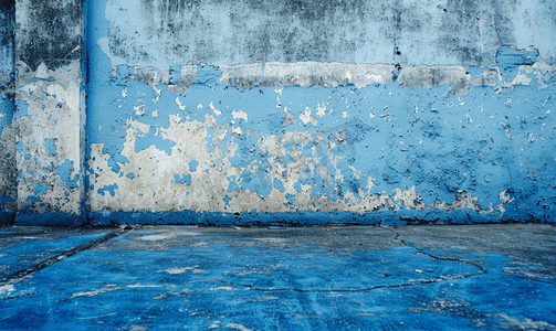 蓝色创意纹理摄影照片_脏墙与蓝色地板的摘要背景