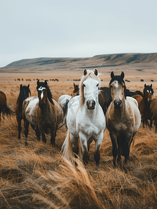 冰岛马群站在冰岛风景秀丽的农场田野上