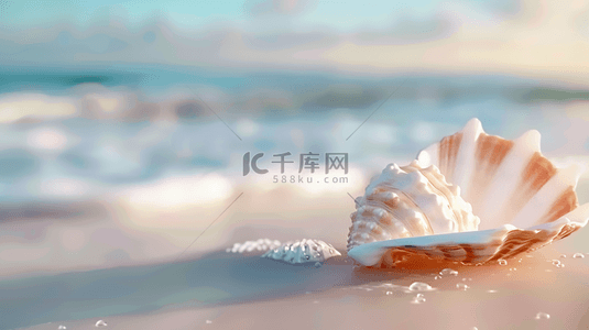 夏日海景沙滩上的贝壳海水波纹背景图