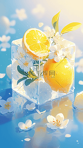 夏日清新可爱冰块里的柠檬花朵1背景图
