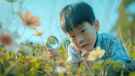 放大镜儿童摄影照片_用放大镜观察植物的男孩8